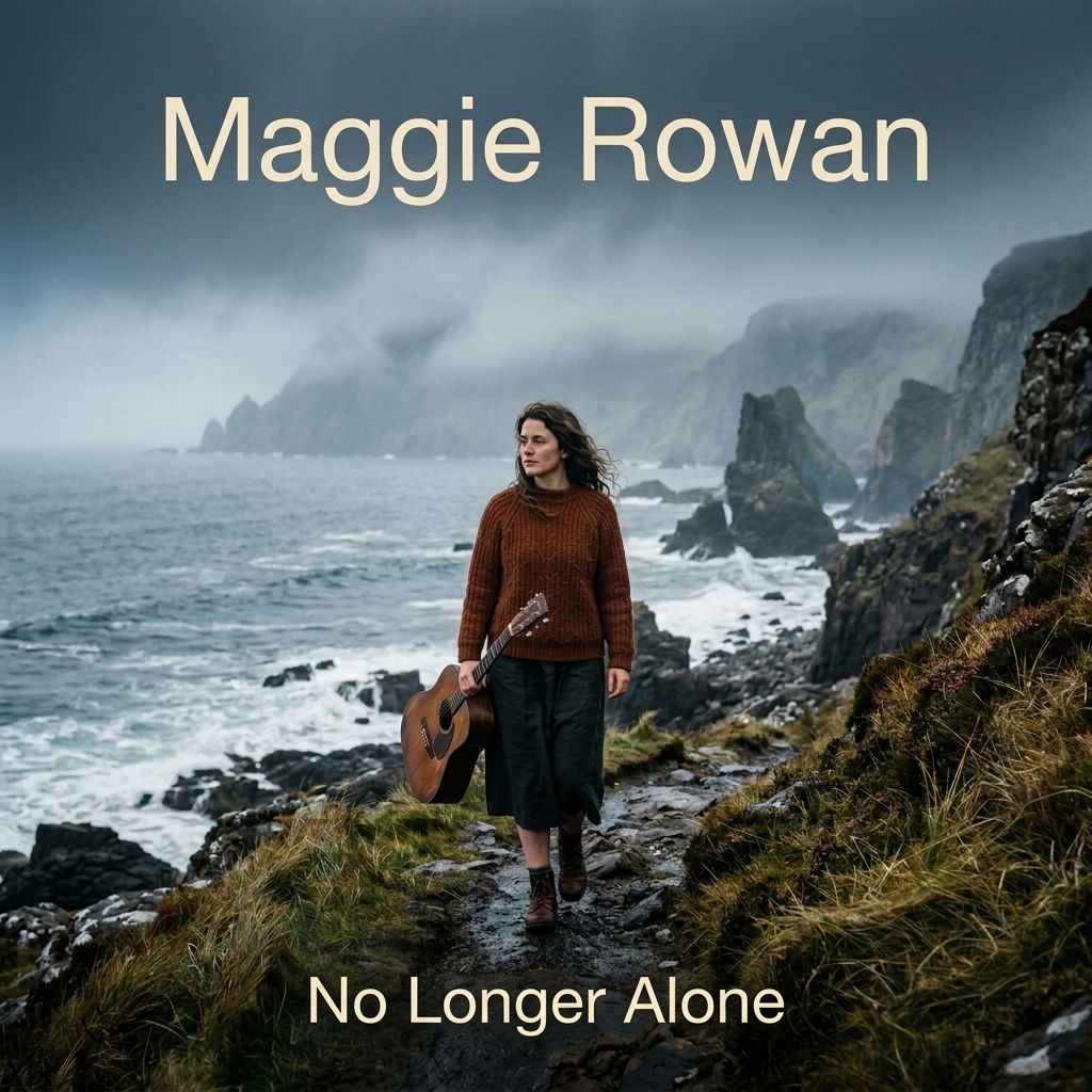 Maggie Rowan — No Longer Alone cover artwork, showing a woman with a guitar on a coastal path